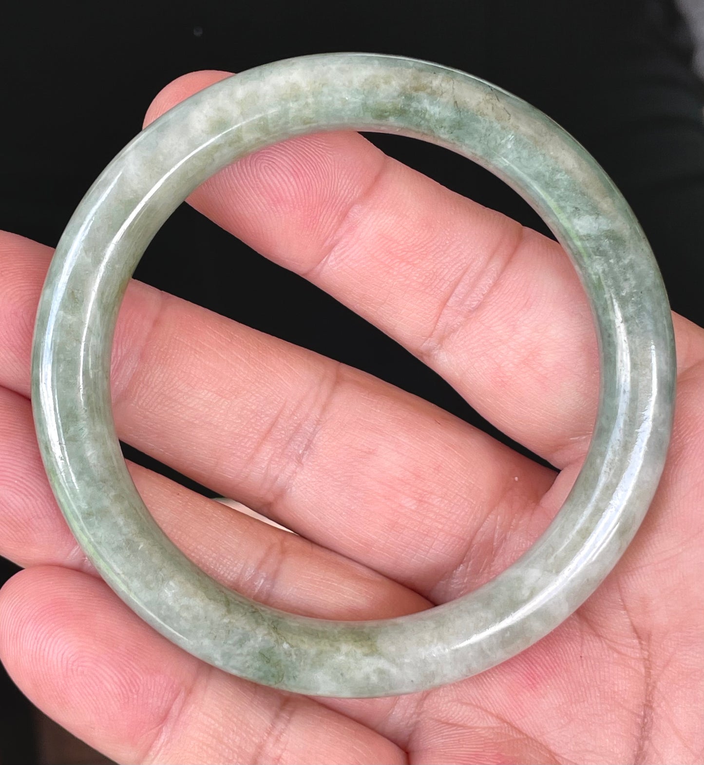 Natural Burmese Jadeite Jade Bangle – Icy Apple Green & Milky White – Princess Cut – 56.8mm – JB403