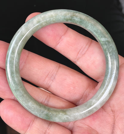Natural Burmese Jadeite Jade Bangle – Icy Apple Green & Milky White – Princess Cut – 56.8mm – JB403