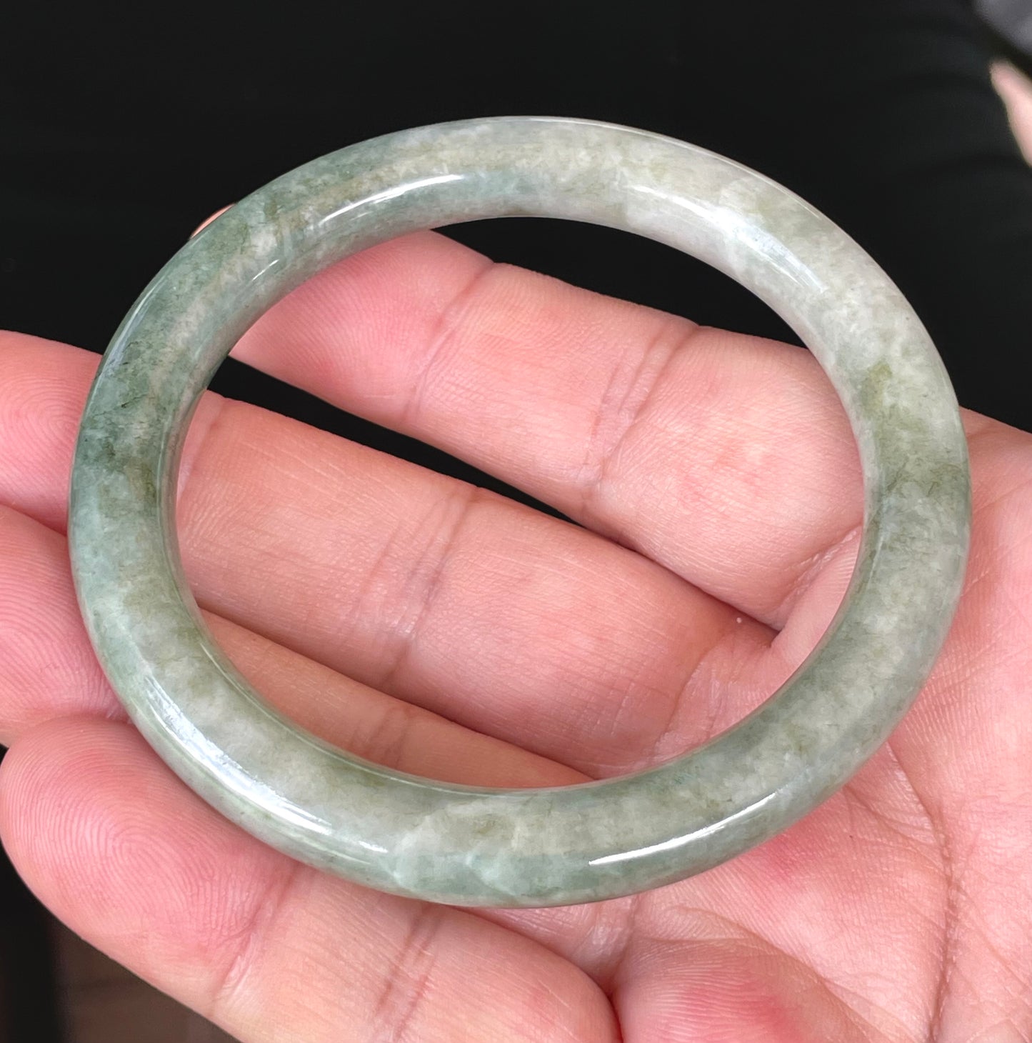 Natural Burmese Jadeite Jade Bangle – Icy Apple Green & Milky White – Princess Cut – 56.8mm – JB403