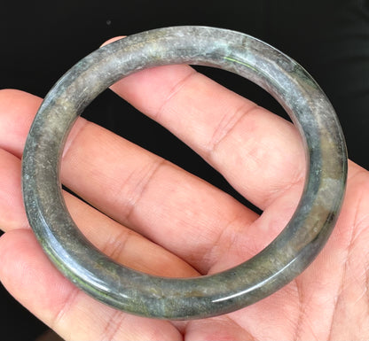 Natural Burmese Jadeite Jade Bangle – Icy Black, Grayish Milky White & Bluish Green – Princess Cut – 62.2mm – JB409