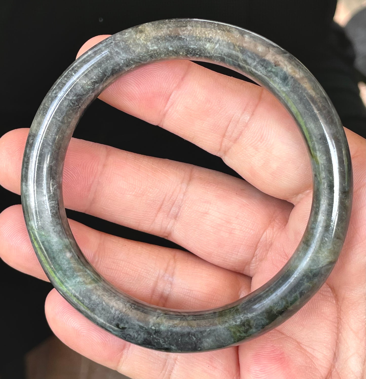 Natural Burmese Jadeite Jade Bangle – Icy Black, Grayish Milky White & Bluish Green – Princess Cut – 62.2mm – JB409