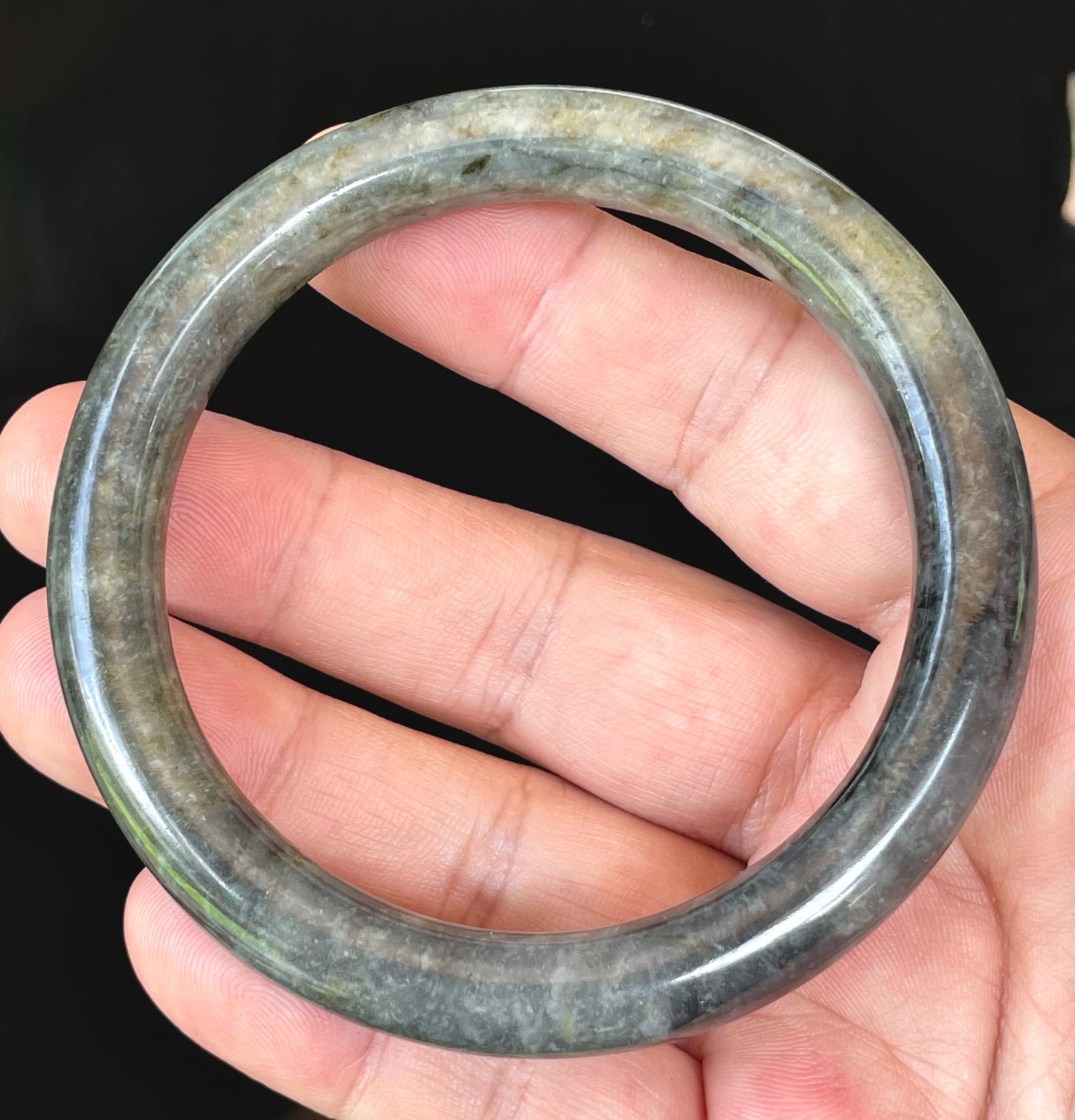 Natural Burmese Jadeite Jade Bangle – Icy Black, Grayish Milky White & Moss Green – Princess Cut – 62.5mm – JB404