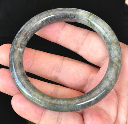 Natural Burmese Jadeite Jade Bangle – Icy Black, Grayish Milky White & Moss Green – Princess Cut – 62.5mm – JB404