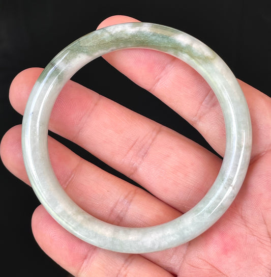 Natural Burmese Jadeite Jade Bangle – Icy Grayish Milky White & Apple Green – Princess Cut – 56.4mm – JB374