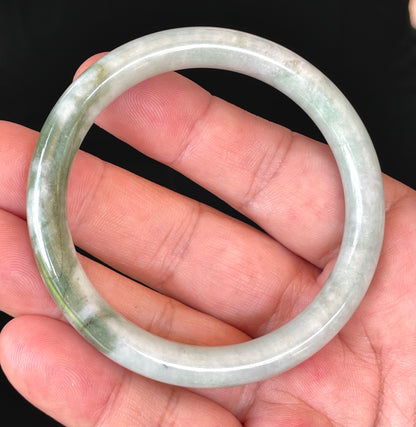 Natural Burmese Jadeite Jade Bangle – Icy Grayish Milky White & Apple Green – Princess Cut – 56.4mm – JB374