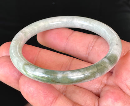 Natural Burmese Jadeite Jade Bangle – Icy Grayish Milky White & Apple Green – Princess Cut – 56.4mm – JB374