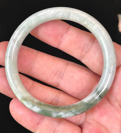 Natural Burmese Jadeite Jade Bangle – Icy Grayish Milky White & Apple Green – Princess Cut – 56.4mm – JB374