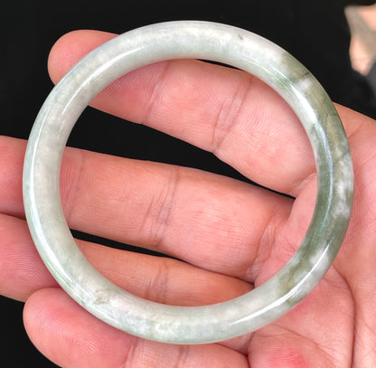 Natural Burmese Jadeite Jade Bangle – Icy Grayish Milky White & Apple Green – Princess Cut – 56.4mm – JB374