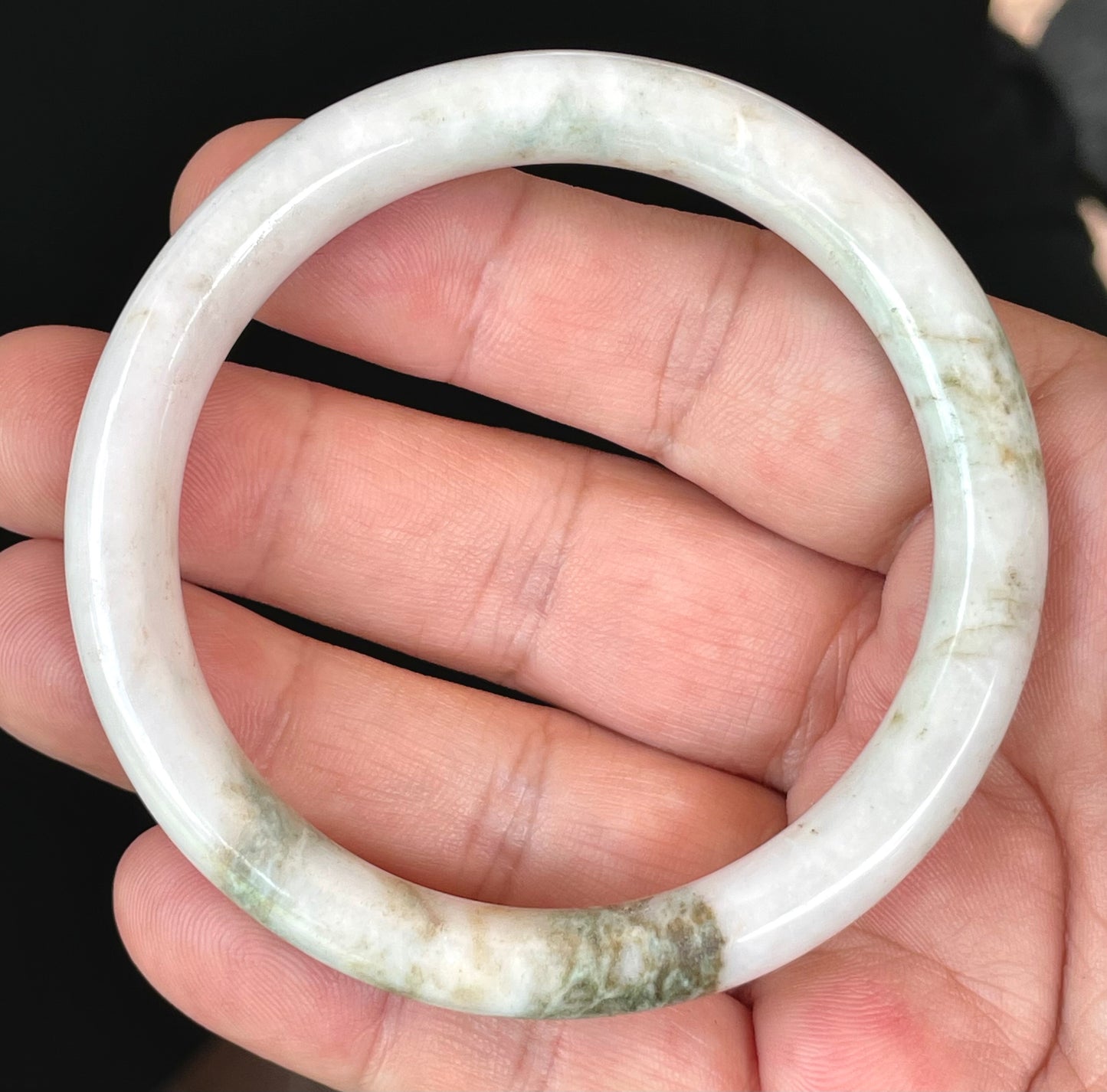 Natural Burmese Jadeite Jade Bangle – Icy Milky White & Apple Green – Princess Cut – 58.5mm – JB435