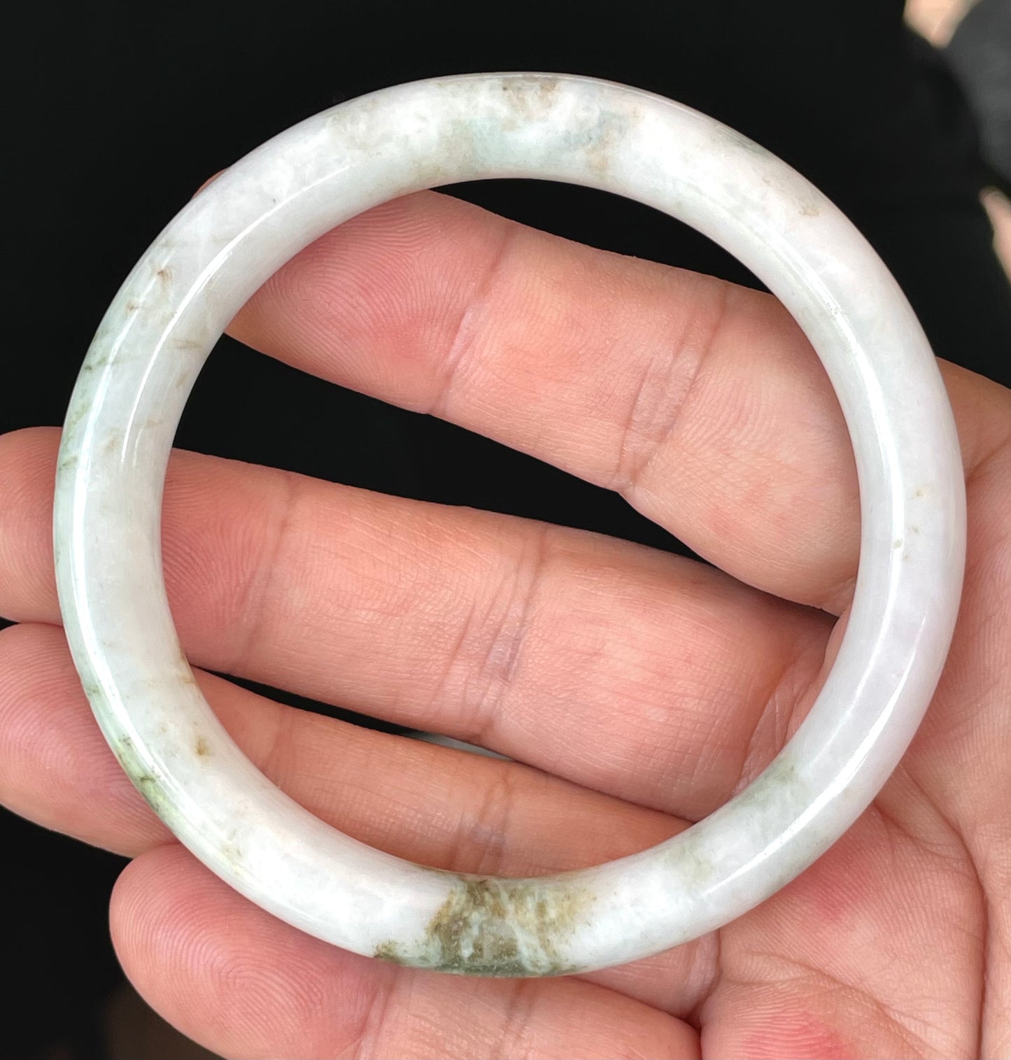 Natural Burmese Jadeite Jade Bangle – Icy Milky White & Apple Green – Princess Cut – 58.5mm – JB435