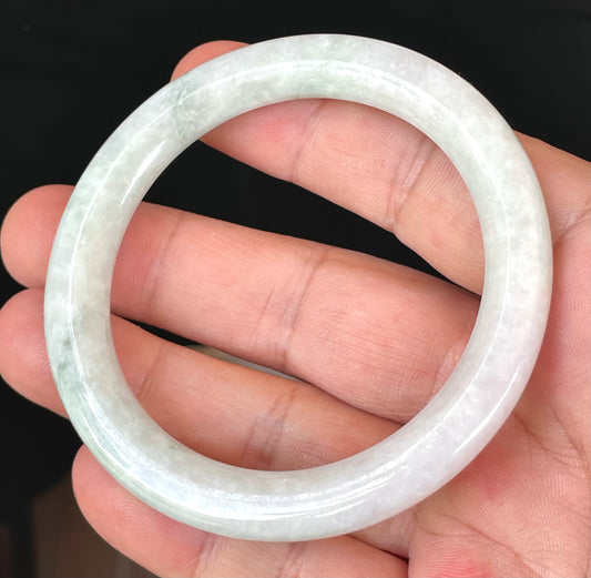 Natural Burmese Jadeite Jade Bangle – Icy Milky White & Apple Green – Flat Round – 56.5mm – JB378