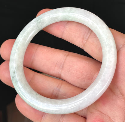 Natural Burmese Jadeite Jade Bangle – Icy Milky White & Apple Green – Flat Round – 56.5mm – JB378