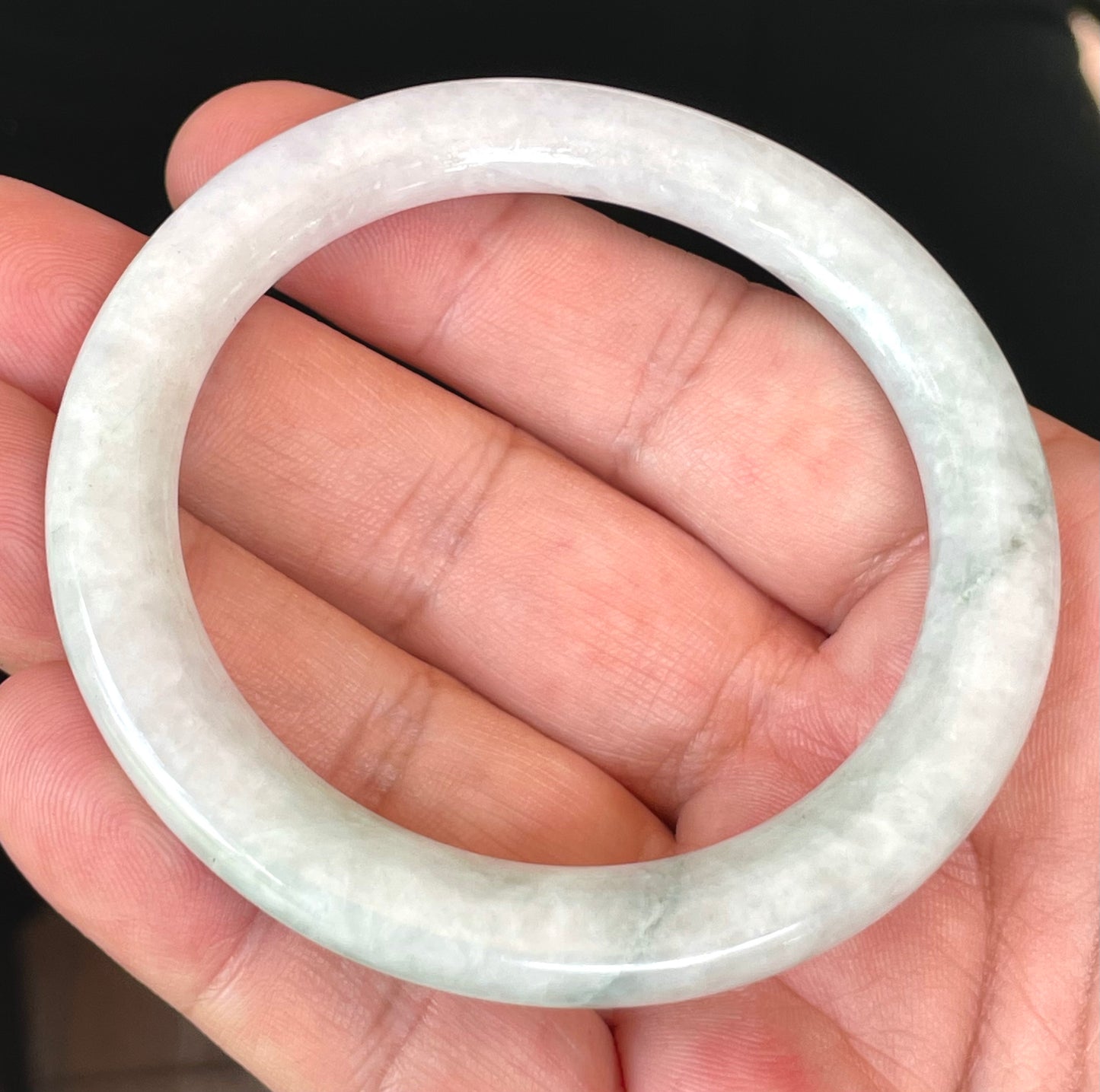 Natural Burmese Jadeite Jade Bangle – Icy Milky White & Apple Green – Flat Round – 56.5mm – JB378