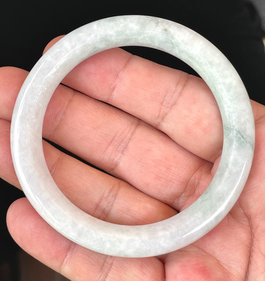 Natural Burmese Jadeite Jade Bangle – Icy Milky White & Apple Green – Flat Round – 56.5mm – JB378