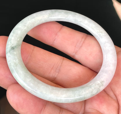 Natural Burmese Jadeite Jade Bangle – Icy Milky White & Apple Green – Flat Round – 56.5mm – JB378