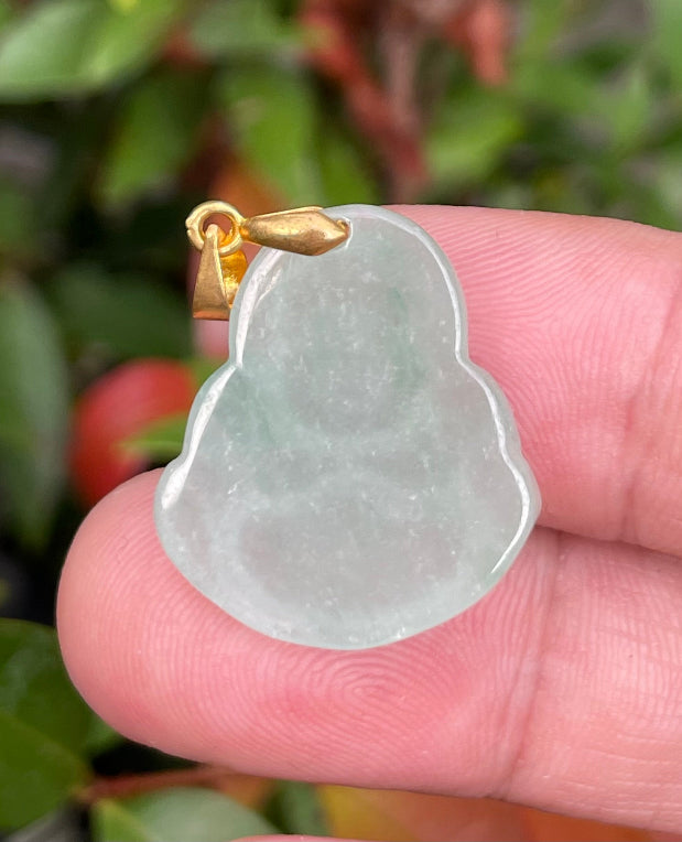 Fine texture of the authentic Myanmar jade pendant JHB002 showcasing a carved Laughing Buddha Feng Shui design for joy and abundance