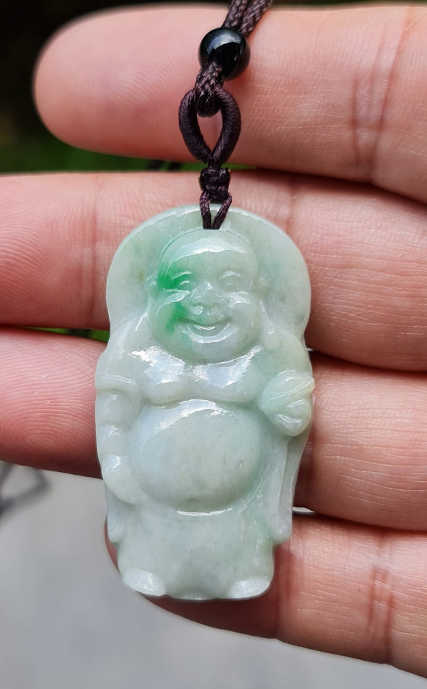Soft glowing luster and fine texture of the authentic Myanmar jade pendant JP026 showcasing a carved Laughing Buddha Feng Shui design for joy and abundance