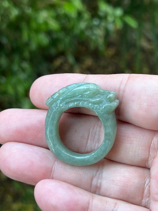 Close-up of pronounced facial definition and raised dragon carving on a semi-translucent icy green Burmese jade ring
