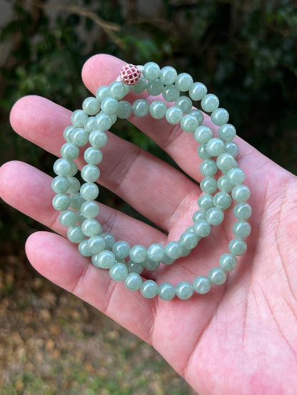 Continuous circle of perfectly round icy imperial and apple green genuine Grade A Burmese jadeite beads