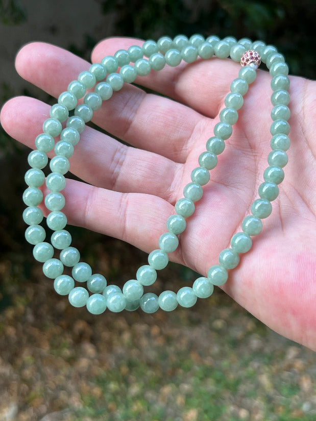 Continuous circle of perfectly round icy imperial and apple green genuine Grade A Burmese jadeite beads