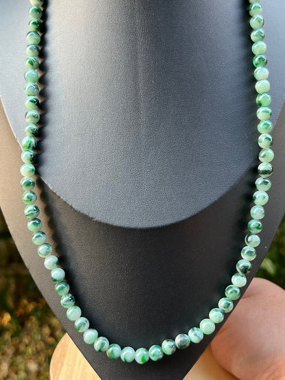 Continuous circle of perfectly round icy imperial and apple green genuine Grade A Burmese jadeite beads