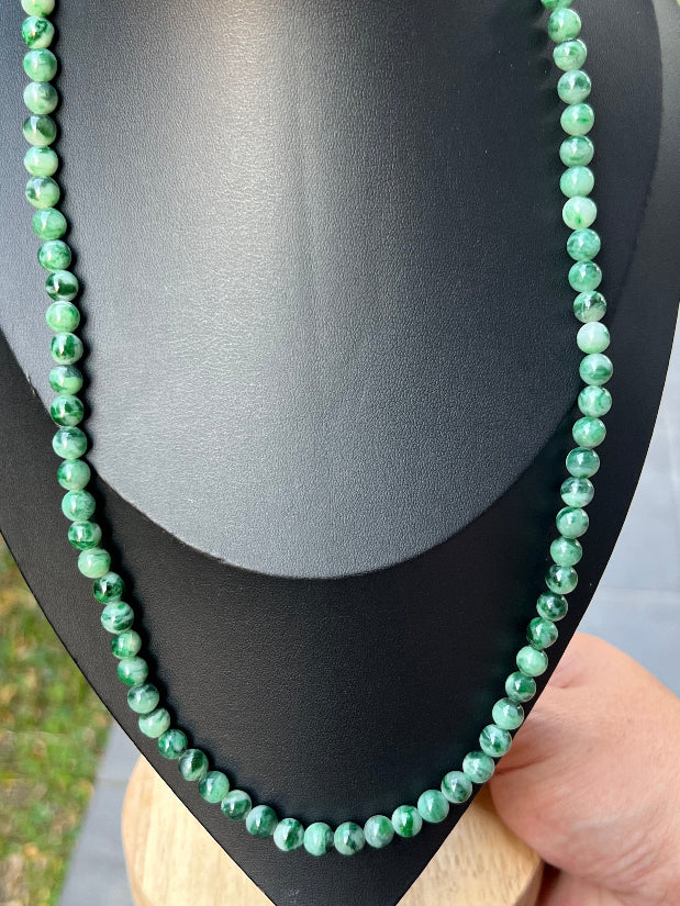 Continuous circle of perfectly round icy imperial and apple green genuine Grade A Burmese jadeite beads