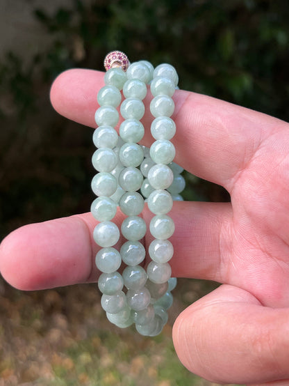 Continuous circle of perfectly round icy imperial and apple green genuine Grade A Burmese jadeite beads