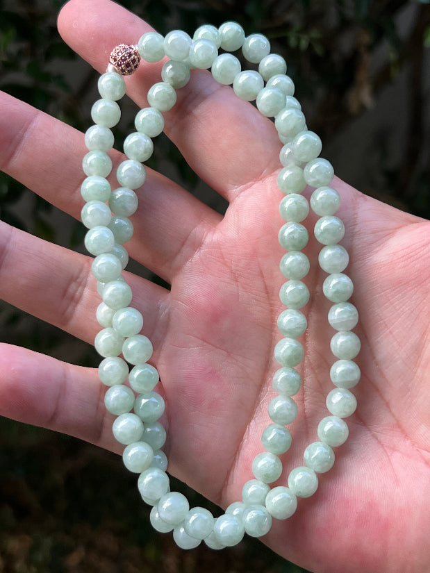 Continuous circle of perfectly round icy imperial and apple green genuine Grade A Burmese jadeite beads