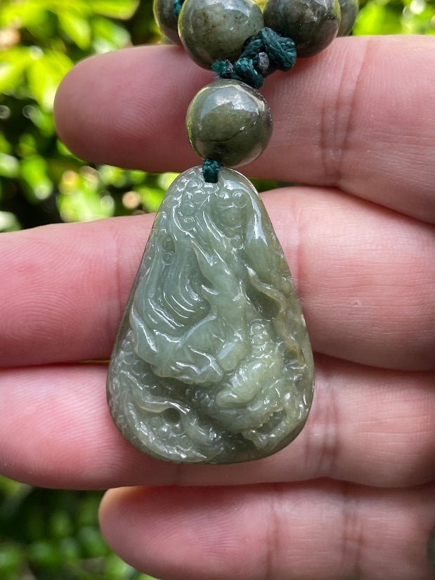 Certified Green Jade Feng Shui Dragon Necklace for Protection
