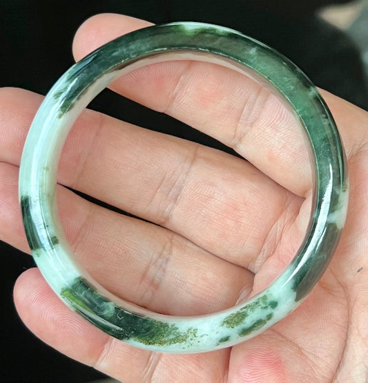 Hand holding a 57.2mm certified Grade A natural Burmese jadeite bangle in icy deep forest green and milky white, item JB559