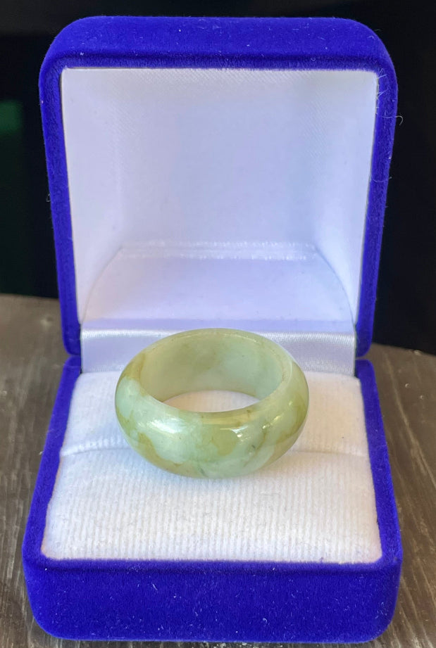 Solid icy apple green and milky white natural Type A Burmese jade ring band in size US 9.5