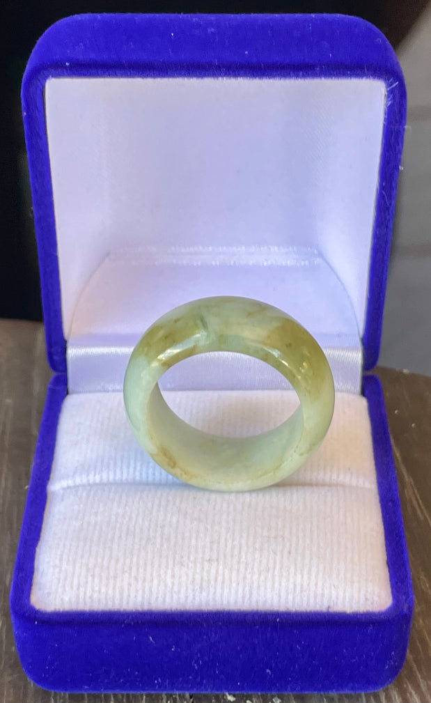 Solid icy apple green and milky white natural Type A Burmese jade ring band in size US 9.5