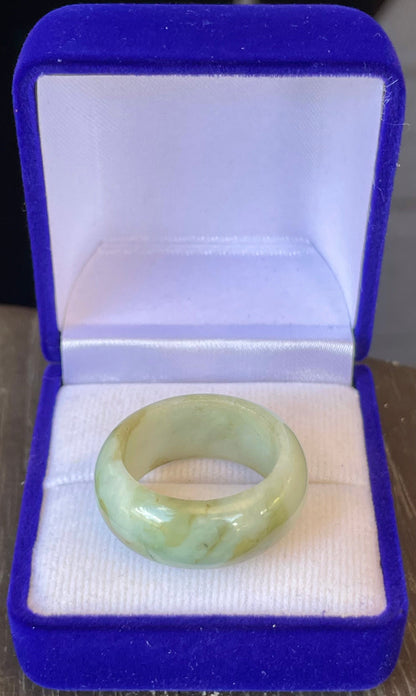 Solid icy apple green and milky white natural Type A Burmese jade ring band in size US 9.5