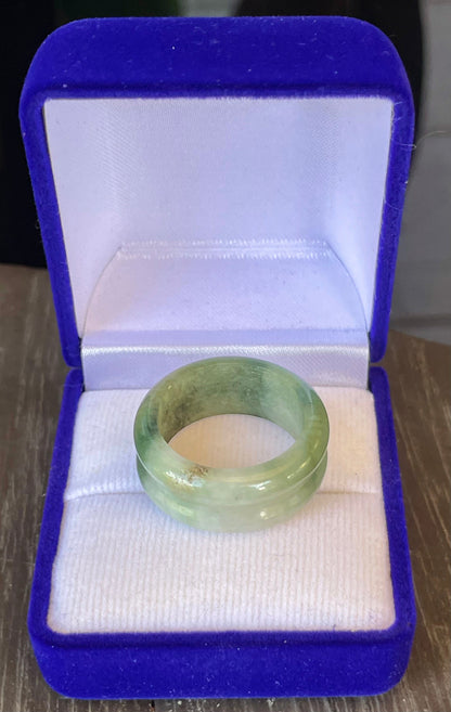 Solid icy imperial and apple green natural Type A Burmese jade ring band in size US 9.5