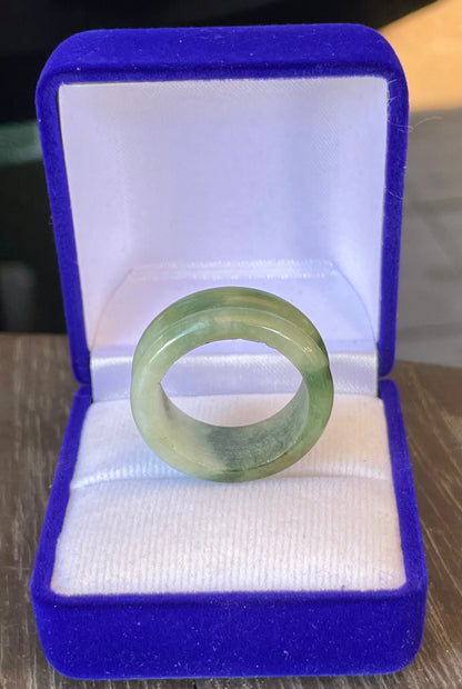 Solid icy imperial and apple green natural Type A Burmese jade ring band in size US 9.5