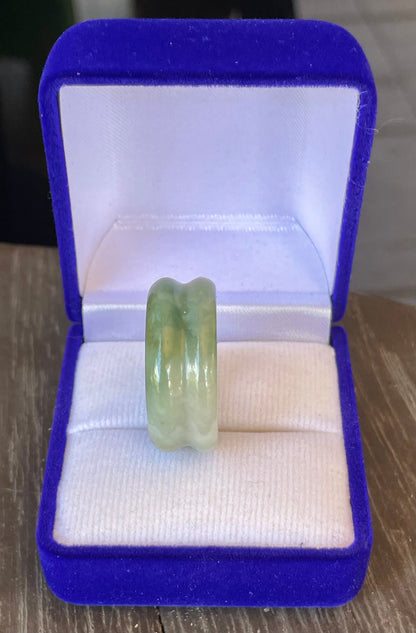 Solid icy imperial and apple green natural Type A Burmese jade ring band in size US 9.5
