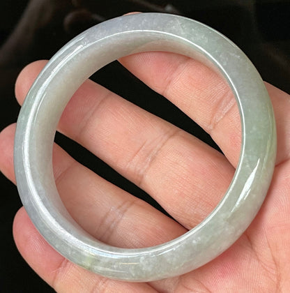 Flat inner and round outer edges of 55.9mm very icy lavender, white, and green Burmese jade bangle JB126