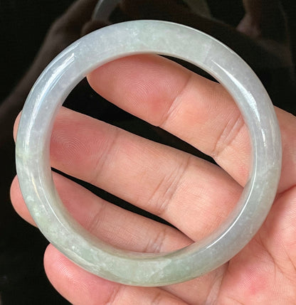 Flat inner and round outer edges of 55.9mm very icy lavender, white, and green Burmese jade bangle JB126