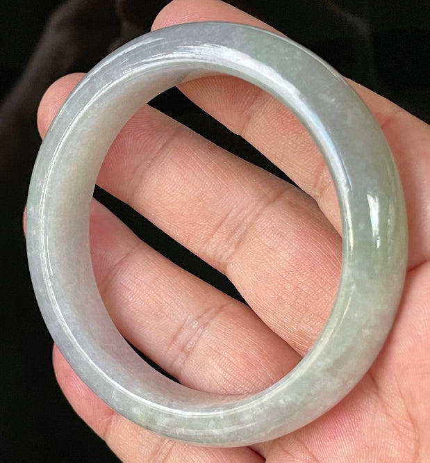 Flat inner and round outer edges of 55.9mm very icy lavender, white, and green Burmese jade bangle JB126