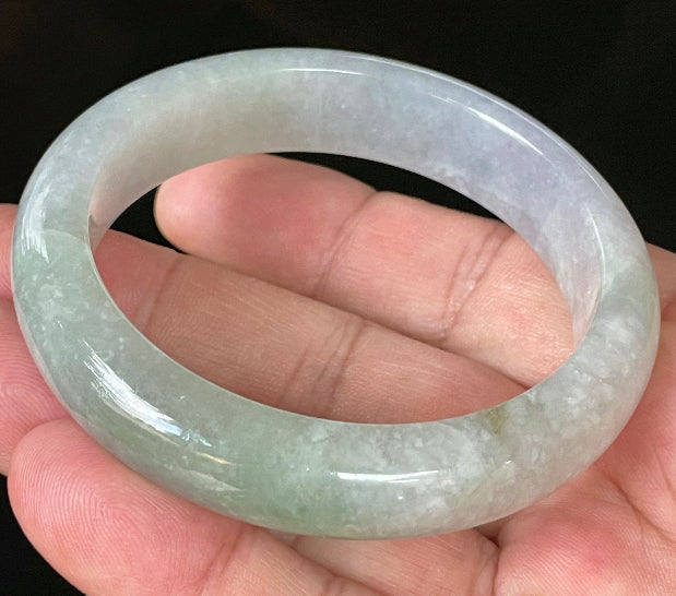 Flat inner and round outer edges of 55.9mm very icy lavender, white, and green Burmese jade bangle JB126