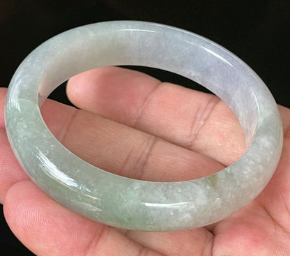 Flat inner and round outer edges of 55.9mm very icy lavender, white, and green Burmese jade bangle JB126