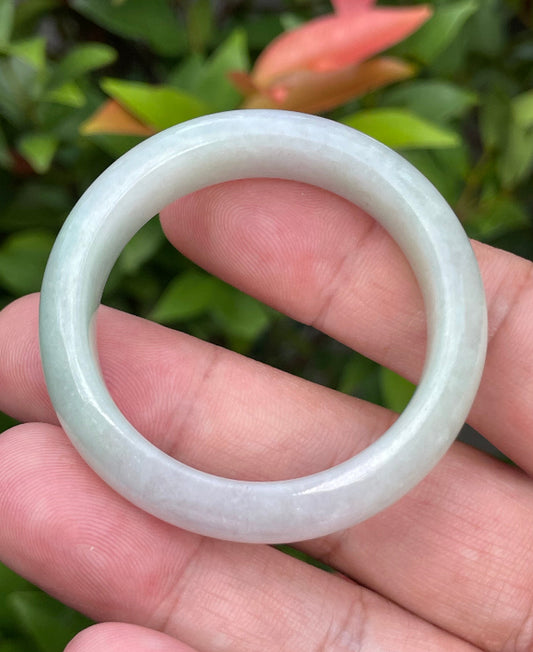 Solid icy imperial green, lavender, and milky white natural Type A Burmese baby jade bangle bracelet in size 39.2mm