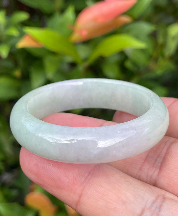 Solid icy imperial green, lavender, and milky white natural Type A Burmese baby jade bangle bracelet in size 39.2mm