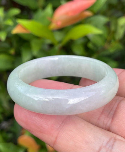 Solid icy imperial green, lavender, and milky white natural Type A Burmese baby jade bangle bracelet in size 39.2mm