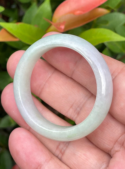 Solid icy imperial green, lavender, and milky white natural Type A Burmese baby jade bangle bracelet in size 39.2mm
