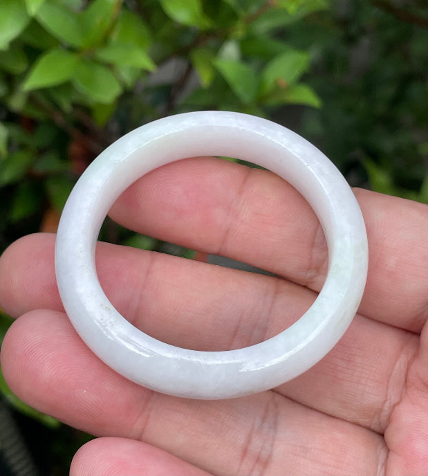 Solid icy white, lavender, and apple green natural Type A Burmese baby jade bangle bracelet in size 41.2mm
