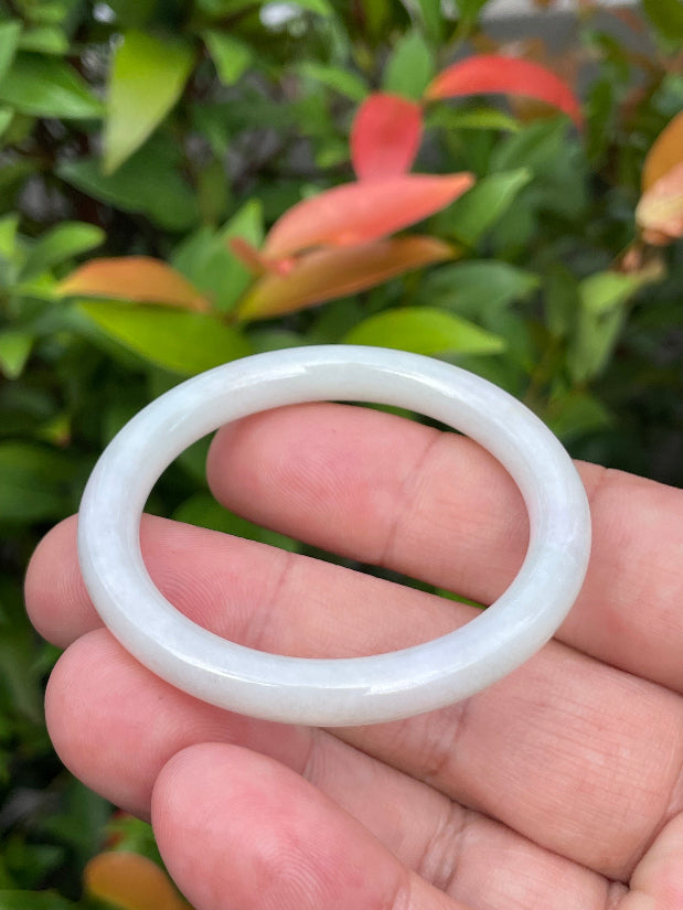 Solid icy white, lavender, and apple green natural Type A Burmese baby jade bangle bracelet in size 42.5mm