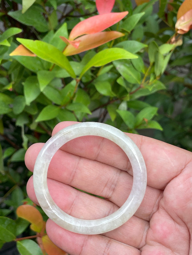 Solid icy light yellow, white, and lavender natural Type A Burmese baby jade bangle bracelet in size 44.5mm