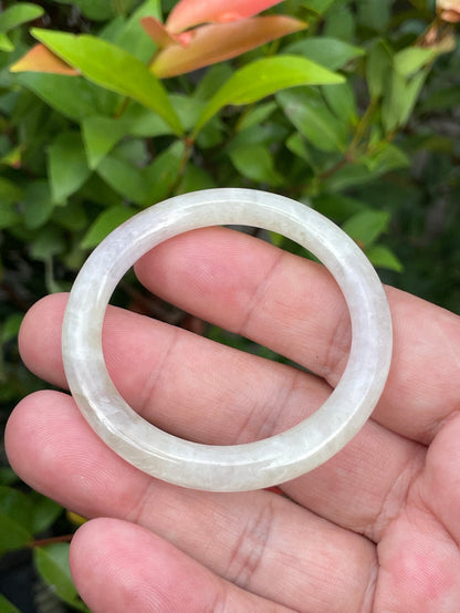 Solid icy light yellow, white, and lavender natural Type A Burmese baby jade bangle bracelet in size 44.5mm