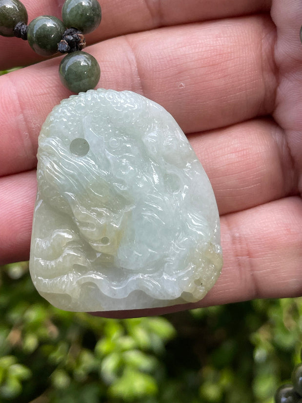 [JP067] Hand-carved authentic Myanmar jadeite dragon motif with a beaded necklace